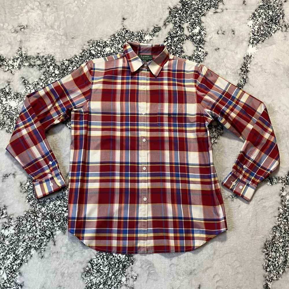 Ralph Lauren LRL Shirt Womens Size Medium Petite Red Plaid Multi Silk Button‎ Up